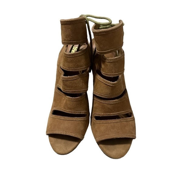 Seychelles Play Along Tan Suede Lace-Back Shootie Heels Size 6 - Picture 3 of 8